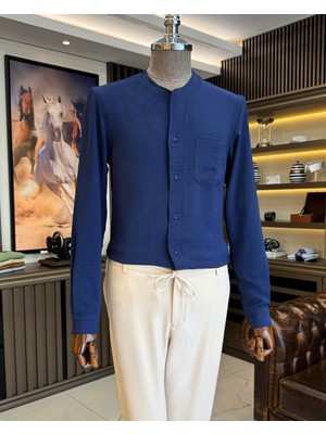 Terzi Adem Altun italyan stil slim fit erkek yakasız gömlek lacivert T11873