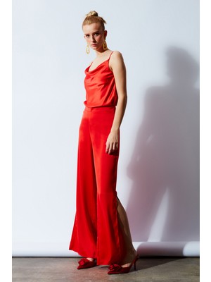 Sateen Yırtmaç Detaylı Saten Pantolon - Oranj