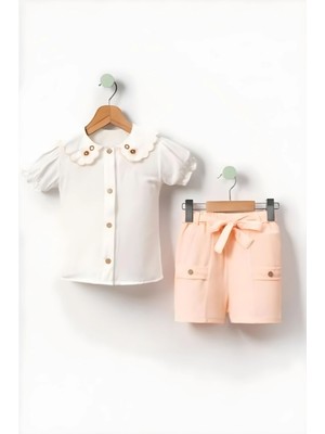 Miniğimin Cicileri Yaka Çiçek Nakış Detaylı Şortlu Kız Çocuk 2 li takım - Gül Kurusu