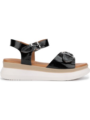 Tamer Tanca Kadın Hakiki Deri Siyah Rugan Düz Sandalet 766 2579 Bn Sndlt Y24 Sıyah Krsk Rgn