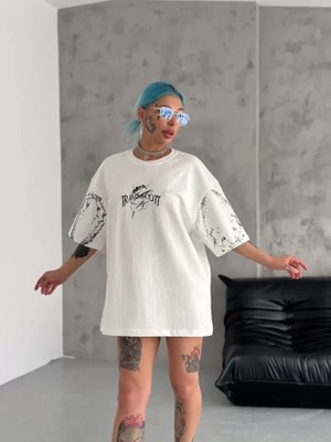 Stil Aura Unisex Bisiklet Yaka Baskılı Oversize T-Shirt - Beyaz