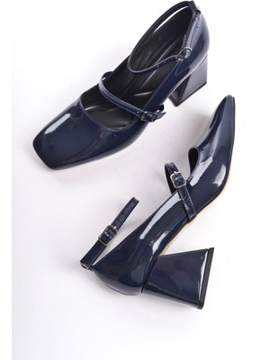 Modabuymus Kulia Lacivert Rugan Mary Jane Kalın Topuklu Küt Burun Bantlı Ayakkabı