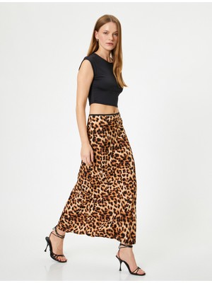 Koton Midi Leopar Desenli Etek Yüksek Bel Viskoz Kumaş