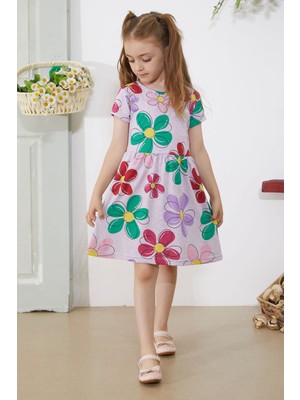 Cansın Mini Lila Çiçek Baskılı Kısa Kollu Kız Çocuk Elbise 18794