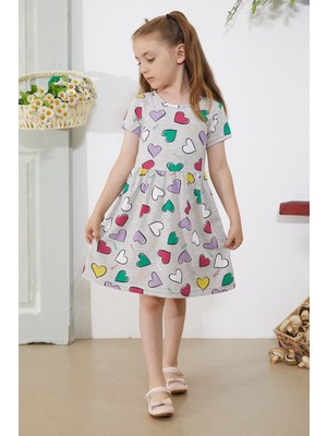 Cansın Mini Gri Kalp Baskılı Kısa Kollu Kız Çocuk Elbise 18780