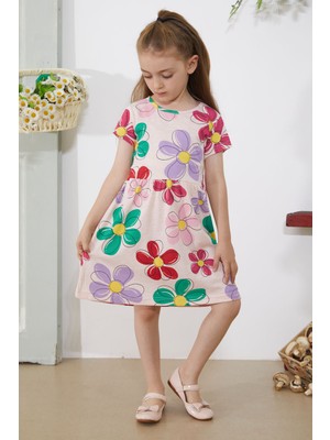 Cansın Mini Krem Çiçek Baskılı Kısa Kollu Kız Çocuk Elbise 18797