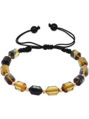 Gümüş Hediye Al Makrome Örgülü Sarı Dorika Top Süslemeli Mavi-Beyaz Ateş Kehribar Kadın Bileklik