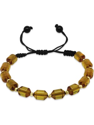 Gümüş Hediye Al Makrome Örgülü Sarı Dorika Top Süslemeli Sarı Ateş Kehribar Kadın Bileklik