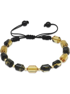 Gümüş Hediye Al Makrome Örgülü Sarı Dorika Top Süslemeli Siyah-Beyaz Ateş Kehribar Kadın Bileklik