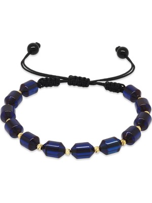 Gümüş Hediye Al Makrome Örgülü Sarı Dorika Top Süslemeli Lacivert Sıkma Kehribar Kadın Bileklik