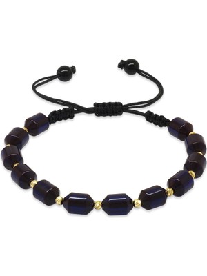 Gümüş Hediye Al Makrome Örgülü Sarı Dorika Top Süslemeli Koyu Lacivert Sıkma Kehribar Kadın Bileklik