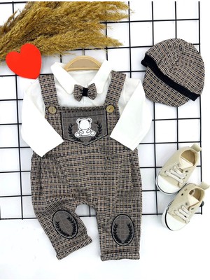 Beruflic Papyonlu Kırçıl Nakış Detlı Kasket Şapkalı Uzun Kollu 3lü Erkek Bebek Salopet Takımı Bej