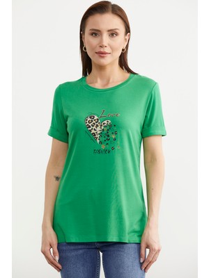 Sementa Varak Baskılı Dökümlü Tişört - Yeşil