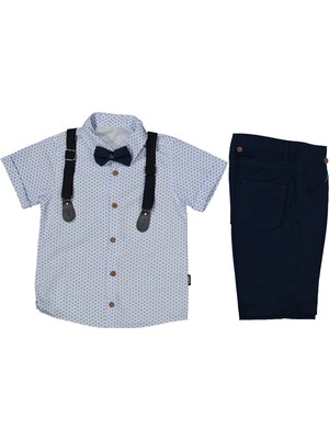 by BebekOdam Erkek Çocuk Beyaz Mavi Lacivert Desenli Gömlekli Papyonlu Askılı Kısa Kol 3'lü Takım