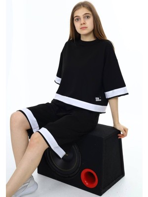 Asortix Kız Çocuk  Pamuk Oversize Şortlu Siyah Eşofman TAKIM-AÜT-0009