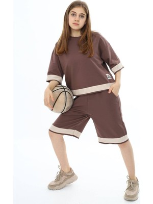 Asortix Kız Çocuk  Pamuk Oversize Şortlu Kahve Eşofman TAKIM-AÜT-0009