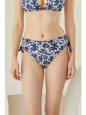 Loya Lacivert Yaprak Desen Yandan Ipli Tek Alt Bikini
