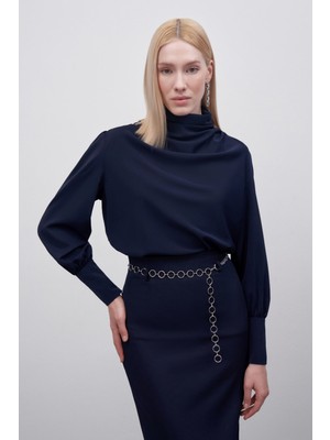 Sateen Drape Detaylı  Bluz - Lacivert