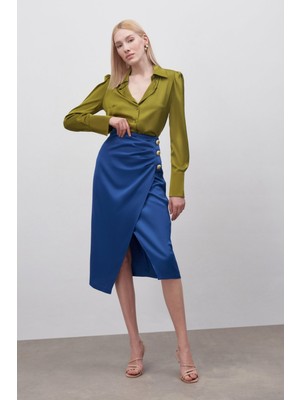 Sateen Düğme Aksesuarlı Saten Krep Etek - İndigo