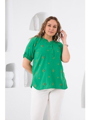 Rmg Hscstore Kadın Etnik Nakış Detaylı Yırtmaçlı Büyük Beden Yeşil Bluz - O6466