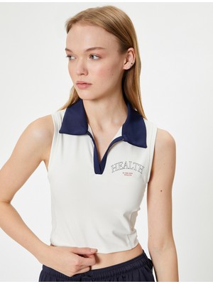 Koton Crop Spor Atlet Slogan Baskılı Polo Yaka Kolsuz Slim Fit