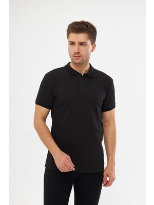 MRS Clothing Black Polo Yaka Standart Kalıp Nakış Detaylı Düz Erkek Tişört Siyah