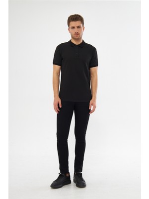 MRS Clothing Black Polo Yaka Standart Kalıp Nakış Detaylı Düz Erkek Tişört Siyah