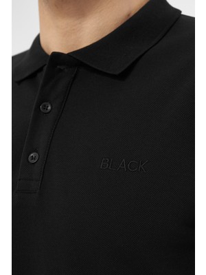 MRS Clothing Black Polo Yaka Standart Kalıp Nakış Detaylı Düz Erkek Tişört Siyah