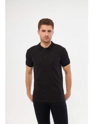 MRS Clothing Black Polo Yaka Standart Kalıp Nakış Detaylı Düz Erkek Tişört Siyah