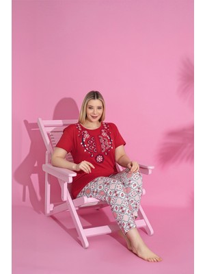 Farya Home X-Dreamy Büyük Beden Pamuklu Desenli Kısa Kollu Pijama Takımı