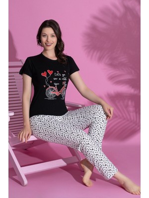 Farya Home Dreamy Pamuklu Kalp Desenli Kısa Kollu Kadın Pijama Takımı
