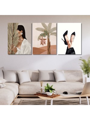 Gaagart 3'lü Kanvas Duvar Tablosu Boho Kadın ve Palmiye Yaprağı Tasarım