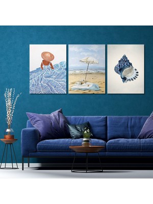 Gaagart 3'lü Kanvas Duvar Tablosu Boho Kadın ve Mavi Renk Deniz Kabuğu