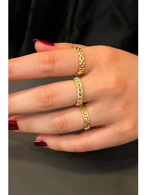 Trend Collection Zirkon Taşlı Gold Ayarlanabilir 3'lü Kadın Yüzük Seti