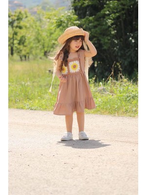 Miniğimin Cicileri Askılı Pamuk Dokuma Örgü Detaylı elbise - Camel