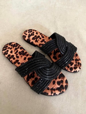 Dicle Polat Shoes Tinet Leopar Taş Detaylı Kadın Terlik