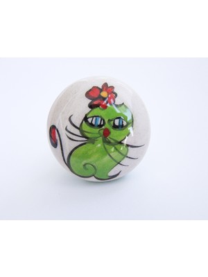 Lilys Seramik Başlıklı Yeşil Kedi Desenli Zeytinyağı/şarap Şişesine Uygun Mantar Kapak (28MMX18MM H40MM