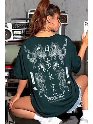Teenage Millionaire Kadın Dragon Baskılı Petrol Yeşili Bisiklet Yaka Oversize Salaş T-Shirt