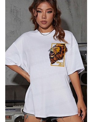 Teenage Millionaire Kadın Aslan Baskılı Beyaz Bisiklet Yaka Oversize Salaş T-Shirt