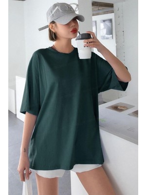 Teenage Millionaire Kadın Petrol Yeşili Basic Düz Baskısız Oversize Salas T-Shirt
