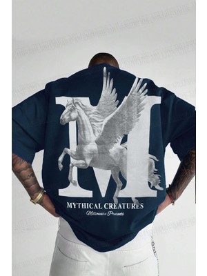 Teenage Millionaire Erkek Mythical Pegasus Baskılı Lacivert Bisiklet Yaka Oversize Salaş T-Shirt