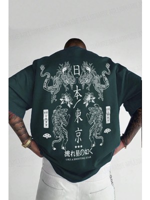 Petrol Yeşili Teenage Millionaire Erkek Dragon Baskılı Oversize T-Shirt Truvakar Kol Günlük Kullanım İçin