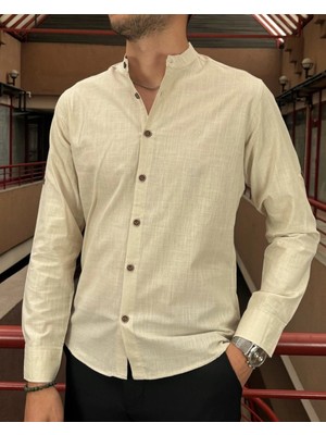 İnpool Erkek Slim Fit Hakim Yaka Bej Gömlek 2XL Klasik Stil Dar Kesim Pamuklu