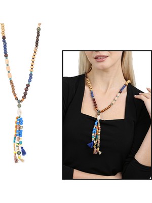 Gümüş Hediye Al El Yapımı Etnik Ahşap Kombinli Mavi Renk Geçişli Deniz Kabuğu Detaylı Otantik Kolye