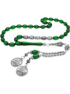 Gümüş Hediye Al Kararmaz Metal Püsküllü Kişiye Özel Isim Yazılı Yeşil Ateş Kehribar Tesbih