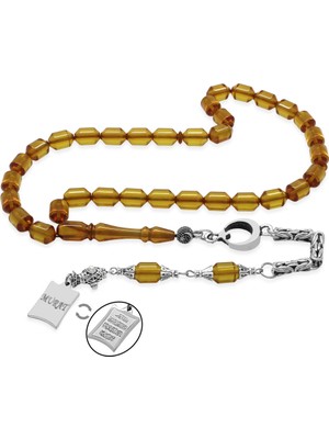 Gümüş Hediye Al Kararmaz Metal Kral Püsküllü Uçlu Kapsül Kesim Kişiye Özel Isim&nazar Ayeti Yazılı Plakalı Sarı Ateş Kehribar Tesbih