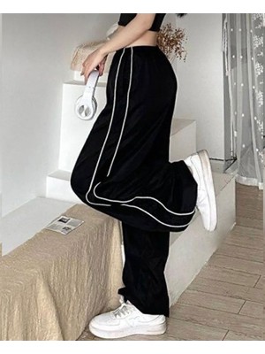 Gossip Team Harajuku Zip Detail Çift Çizgili Black Tracksuit Oversize Eşofman Altı