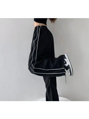 Gossip Team Harajuku Zip Detail Çift Çizgili Black Tracksuit Oversize Eşofman Altı