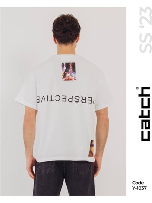 Catch Unisex Baskılı  Oversize Tişört Beyaz Y-1037