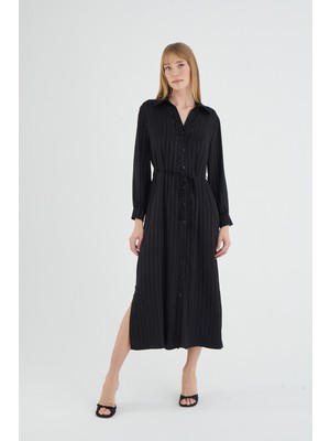 Kadın Uzun Kol Önden Düğmeli Siyah Elbise C6T0N2O12